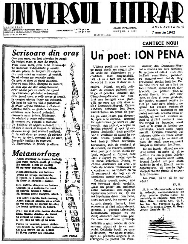 Ion C Pena Universul Literar 7 martie 1942